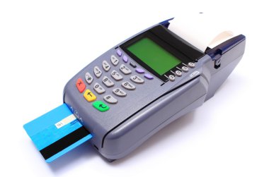 Payment terminal with credit card on white background clipart