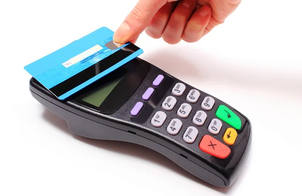 Hand of woman paying with contactless credit card, NFC technology — Stock Photo, Image