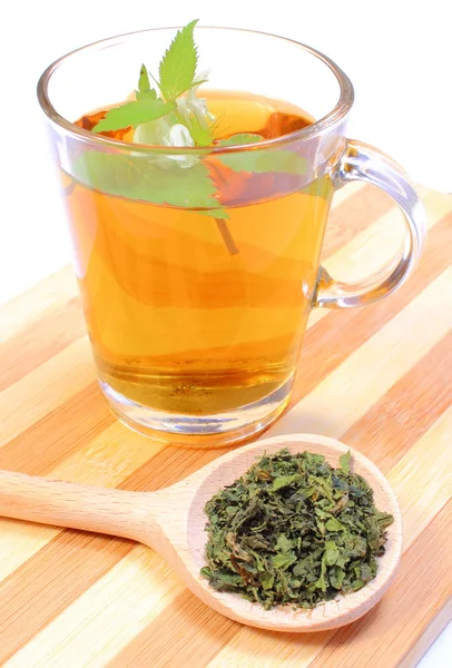 Fresh and dried nettle with cup of beverage — Stock Photo, Image