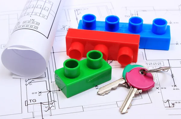 Inicio llaves, bloques de construcción y diagramas eléctricos en el dibujo de la casa — Foto de Stock