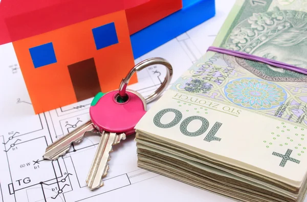 Banknotes, home of colored paper, keys on drawing of house — Stock Photo, Image
