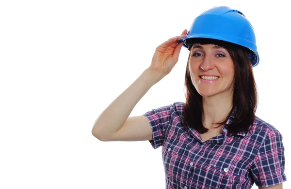 Sorrindo mulher construtor vestindo protetor capacete azul — Fotografia de Stock