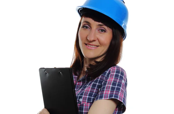 Žena s dokumenty nošení ochranné modré přilby — Stock fotografie