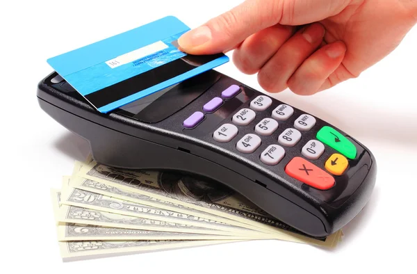 Paying with contactless credit card, NFC technology — Stock Photo, Image