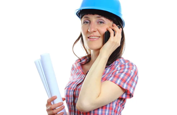 Builder woman in protective helmet talking on mobile phone — Stock Photo, Image