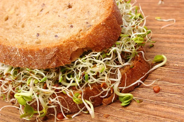 Volkoren brood met luzerne en radijs spruiten — Stockfoto