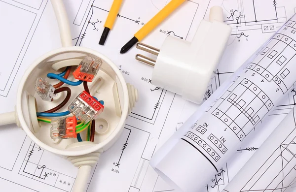 Electrical box, diagrams and electric plug on construction drawing — Stock Photo, Image