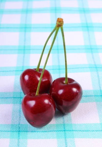 Cerejas frescas em toalha de mesa quadriculada, comida saudável — Fotografia de Stock