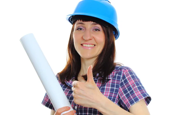 Builder woman in blue helmet showing thumbs up — Stock Photo, Image