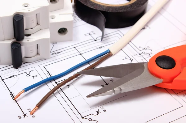 Accessories for engineer jobs lying on construction drawing — Stock Photo, Image