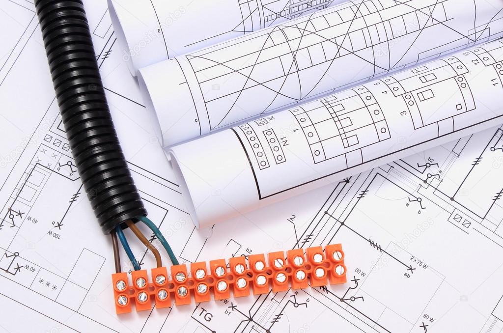 Corrugated pipe and electrical cable with connection cube on drawing