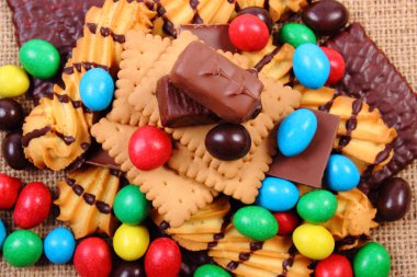 Sweets jüt çuval bezi, sağlıksız yiyecek bir sürü