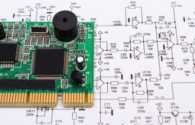 Baskılı devre kartı elektronik, teknoloji diyagram üzerinde yalan 