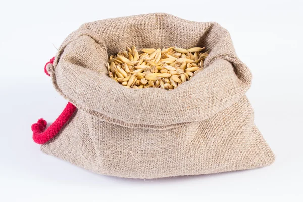 Organic oat grains in jute bag on white background