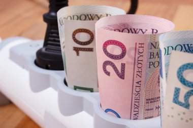 Polonya para birimi para elektrik güç ve rulo bağlı tak, enerji maliyetleri ile şerit