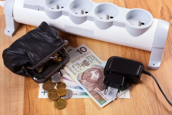 Electrical power strip with disconnected plug and polish currency money, energy costs — Stock Photo, Image