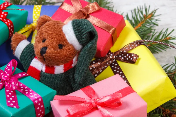 Medvídek s barevnými dárky na Vánoce a smrkové větve — Stock fotografie