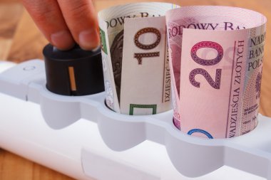 Kadının elektrik prizinden, Polonya para birimi para, enerji maliyetleri dönüyor