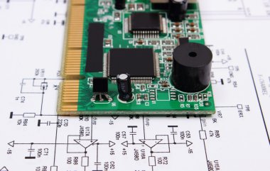 Baskılı devre kartı elektronik, teknoloji diyagram üzerinde yalan 