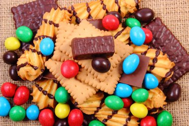 Sweets jüt çuval bezi, sağlıksız yiyecek bir sürü