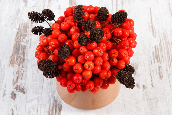 Bunch of red autumn rowan with alder cone on rustic wooden background