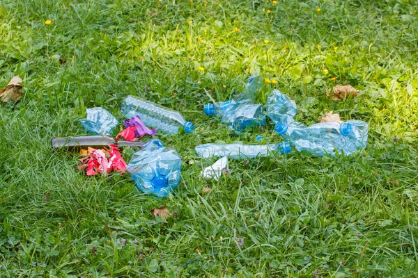 Heap of rubbish on grass in park, littering of environment — Stock Photo, Image