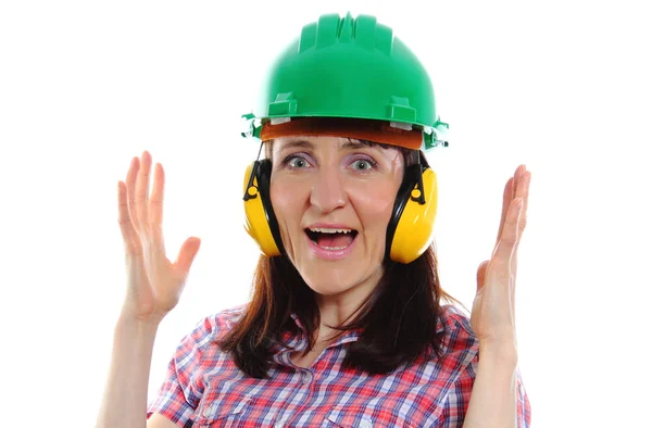 Donna con casco protettivo e cuffie — Foto Stock