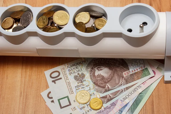 Electrical power strip and polish currency, energy costs — Zdjęcie stockowe