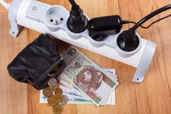 Electrical power strip with connected plugs and polish currency money, energy costs — Stockfoto