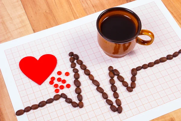 Cardiograma linha de grãos de café, xícara de café e pílulas de suplemento, medicina e conceito de saúde — Fotografia de Stock