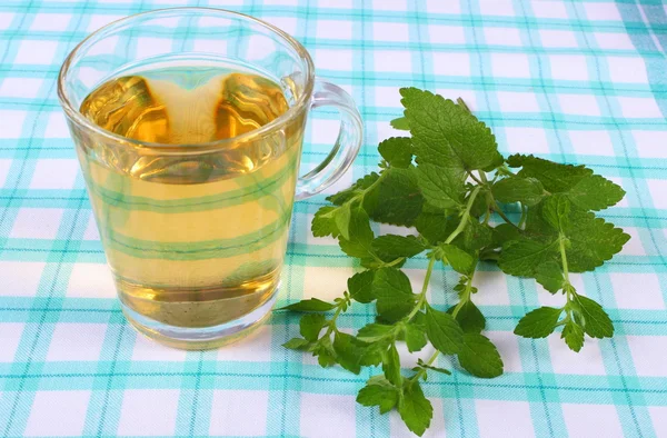 Fresh lemon balm and glass of herbal drink on tablecloth — Stok fotoğraf