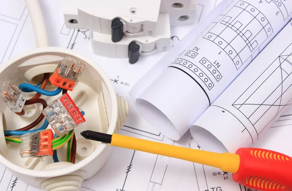 Electrical box, diagrams and electric fuse on construction drawing — Stock Photo, Image