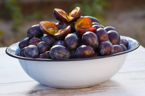 Heap of plums in metal bowl on wooden table in garden on sunny day — Stock Photo, Image