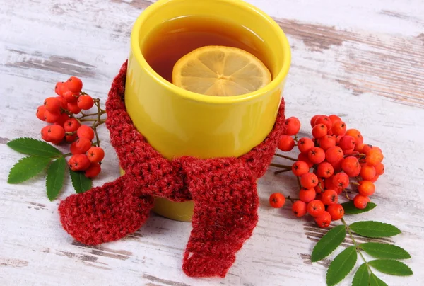 Taza de té con pañuelo de lana envuelto en limón, bebida caliente para la gripe, decoración de otoño — Foto de Stock