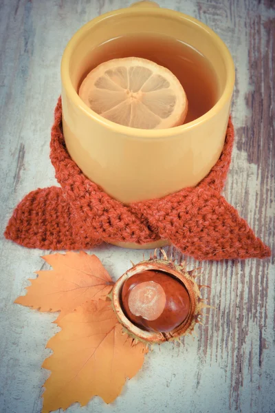 Foto vintage, taza de té con bufanda de lana envuelta en limón — Foto de Stock