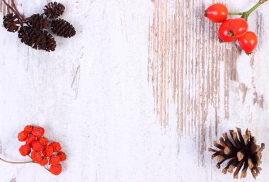 Ahşap arka plan üzerinde metin için sonbahar dekorasyon ve kopya alanı