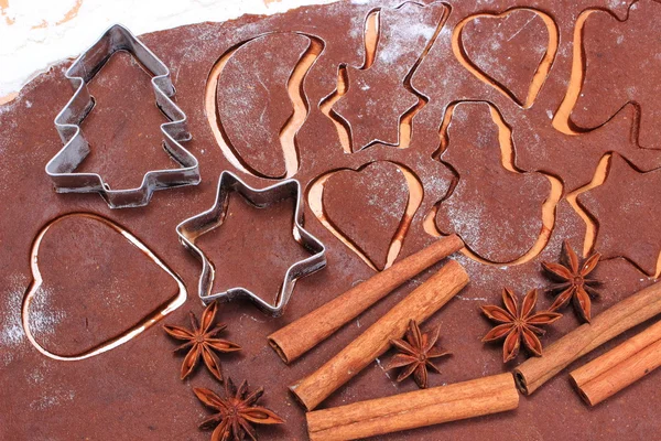 Spice and accessories for baking on dough for Christmas cookies — Stockfoto