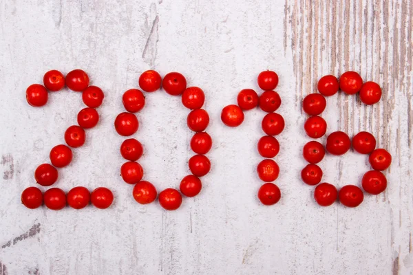 Happy new year 2016 made of red viburnum on old wooden background — Stock Photo, Image