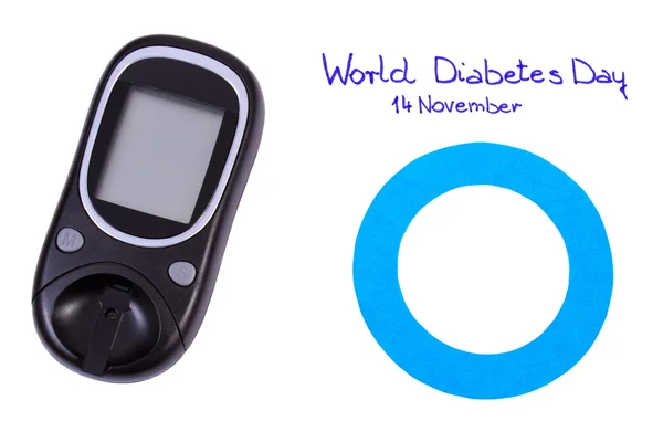 Círculo azul e glicosímetro no fundo branco, símbolo do dia mundial da diabetes — Fotografia de Stock