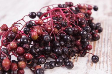 Eski ahşap zemin, sağlıklı gıda üzerine taze mürver demet