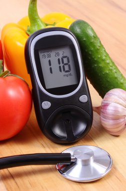 Sebze, Şeker Ölçüm ve ahşap yüzey, sağlıklı bir yaşam tarzı, beslenme, diyabet stetoskop