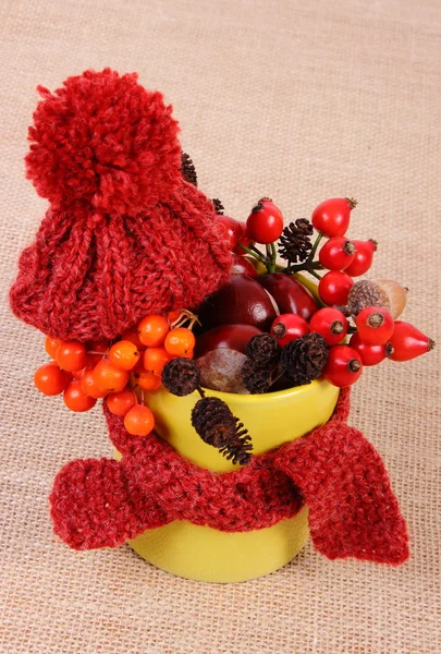 Décoration d'automne avec foulard enveloppé de tasse et bonnet en laine sur toile de jute — Photo