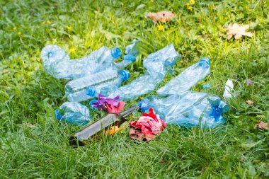 Park, çimenlerin üzerinde çöp yığını çevre çöp