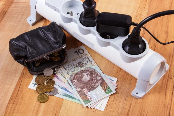 Electrical power strip with connected plugs and polish currency money, energy costs — Stock fotografie