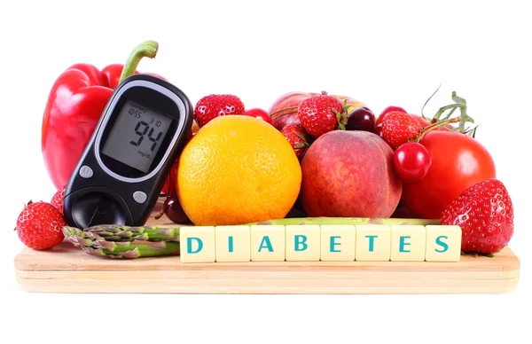 Blodsockermätare med frukt och grönsaker, hälsosam kost, diabetes — Stockfoto