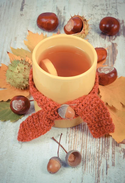 Foto vintage, taza de té con bufanda de lana envuelta en limón — Foto de Stock