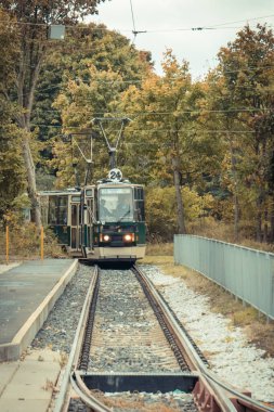 Poznan, Polonya - 05 Ekim 2025: Poznan 'daki eski, eski, tarihi 105N tramvayı izleyin. Poznan 'daki tarihi tramvay hattı