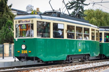 Poznan, Polonya - 05 Ekim 2025: Eski, eski, tarihi tramvay tipi N Poznan kenti yakınlarındaki Solacki Parkı 'nda. Poznan 'daki tarihi tramvay hattı