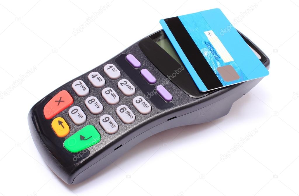 Payment terminal with contactless credit card on white background