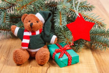 Teddy bear with gift for Christmas, spruce branches and red star